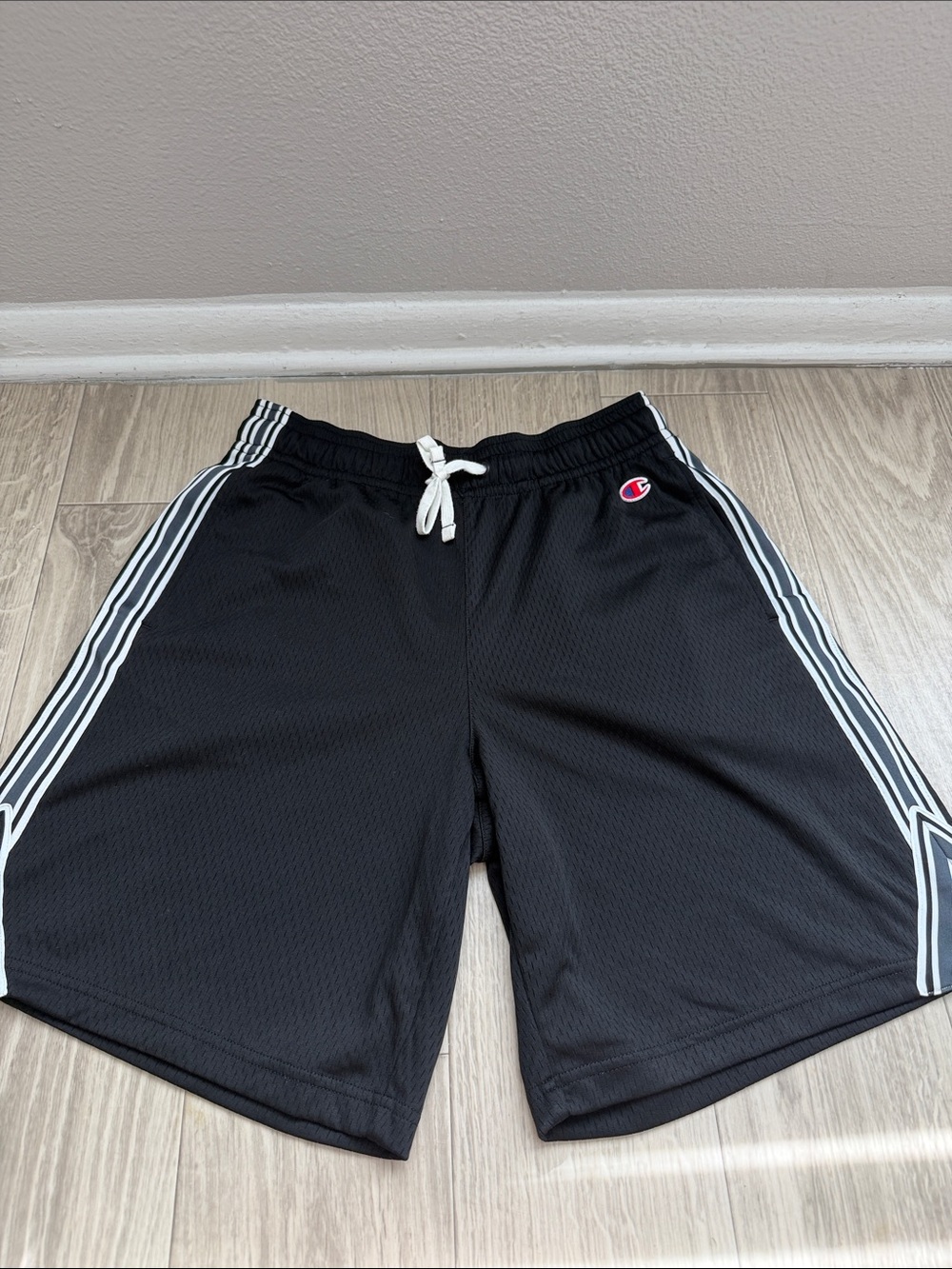 Champion Men’s Black Athletic Shorts with White Trim and Drawstring